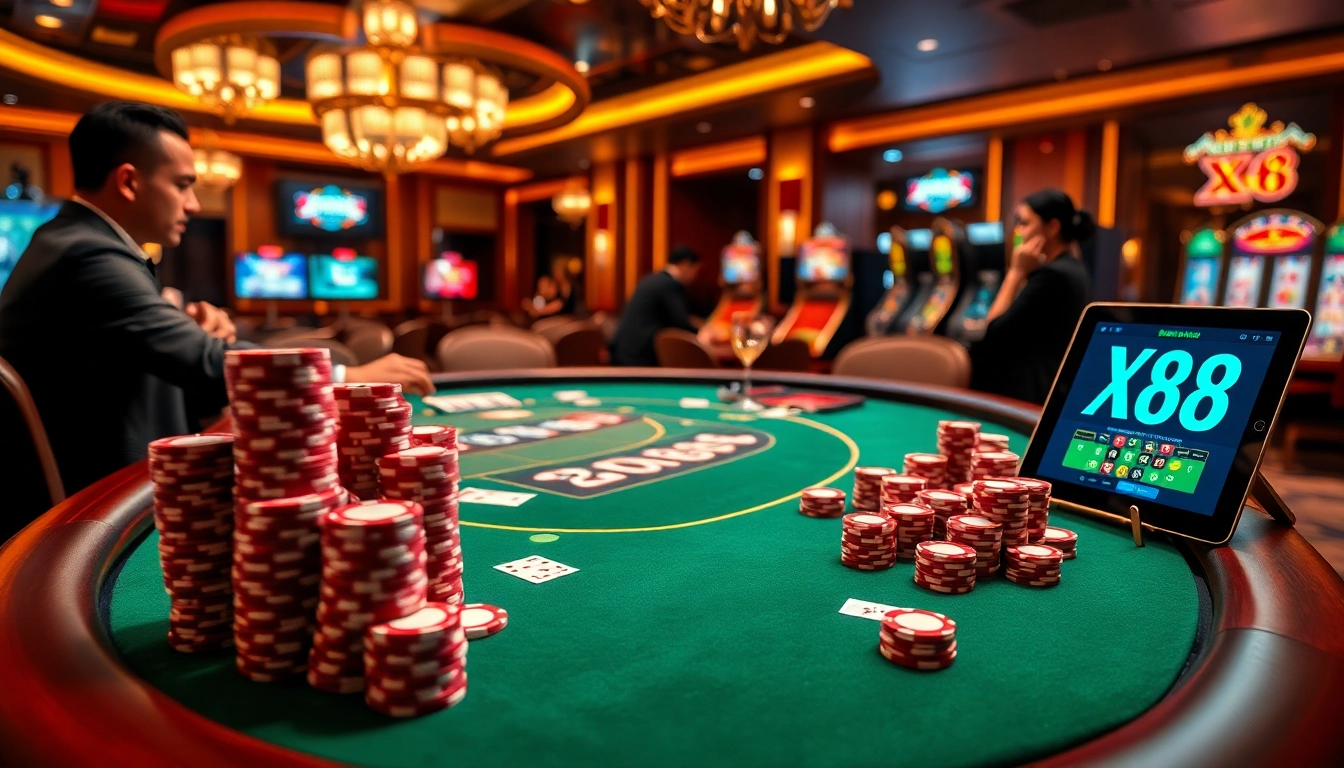 Exciting casino atmosphere featuring professional dealers and the X88 online gambling interface.