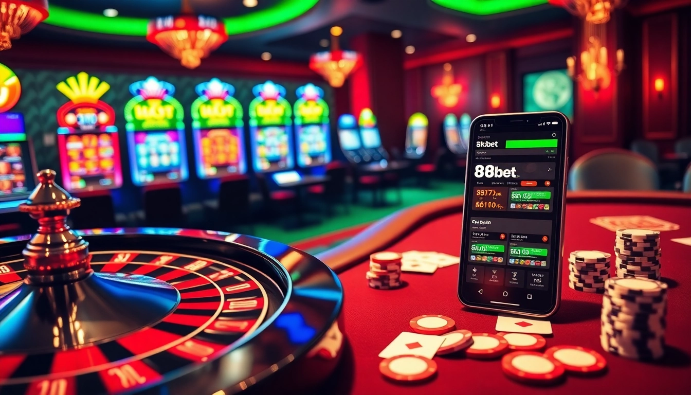Experience luxury at 8kbet with poker chips and a vibrant roulette wheel in an upscale casino.
