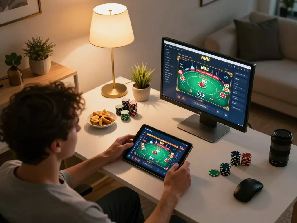N88 app in action on tablet during online gambling session in a stylish home office