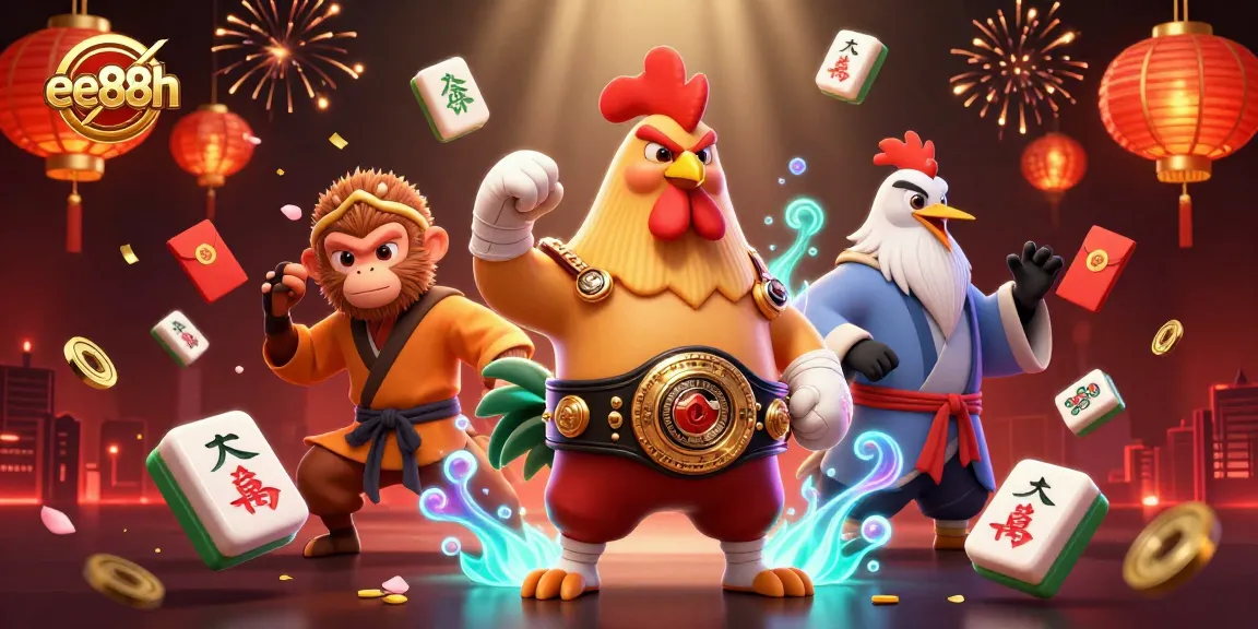 Engage with dynamic casino action at ee88h as the Muay Thai rooster battles amidst festive gaming elements.