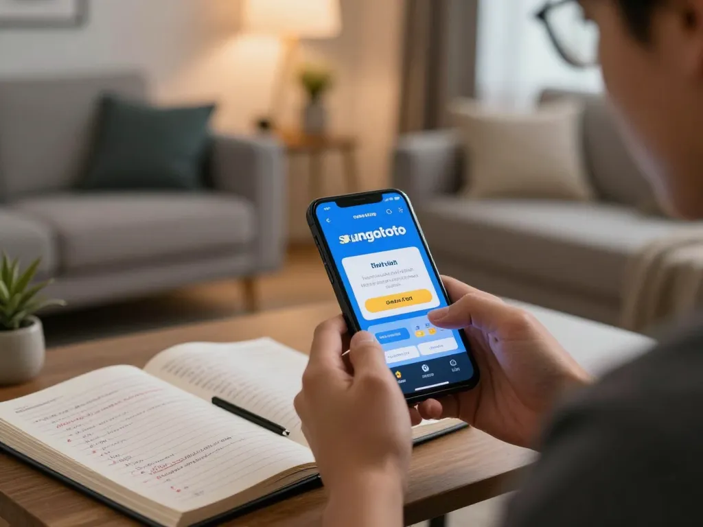 Gambling enthusiast enjoying mobile gaming on link sungaitoto app in cozy living room.