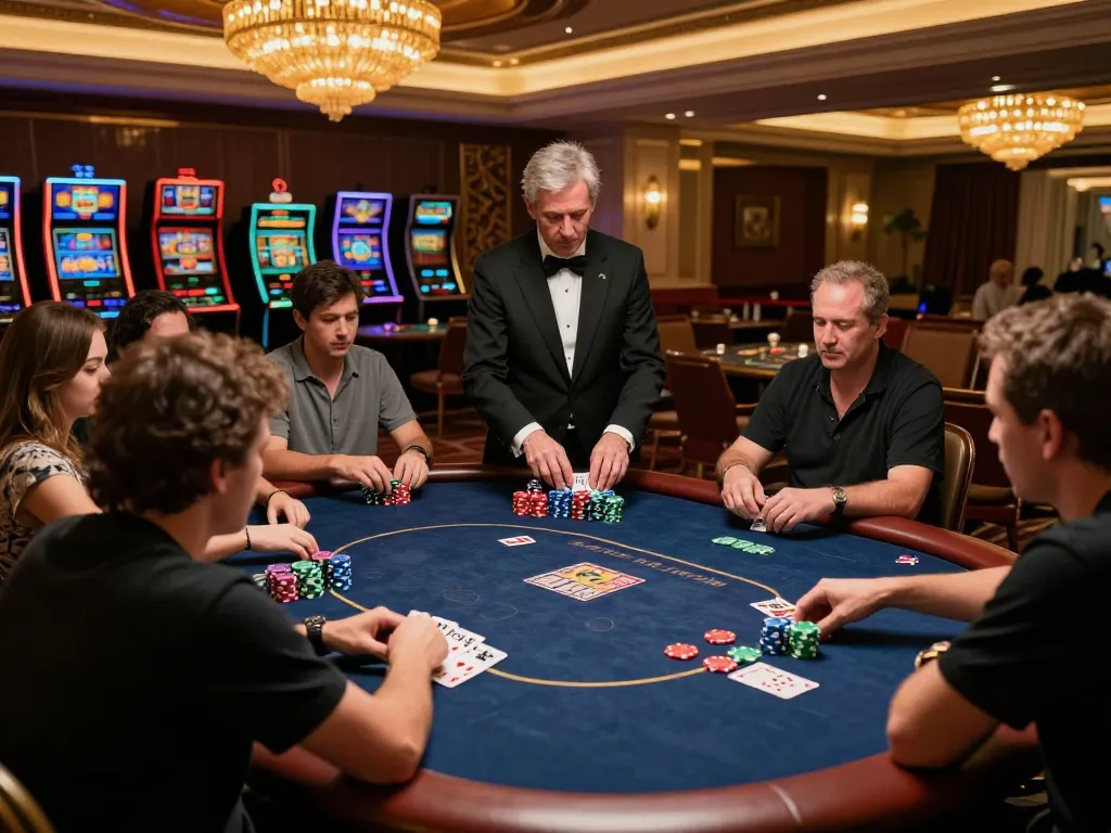 Players strategizing during a high-stakes poker game at MAX88 casino, showcasing chips and dealer in action.