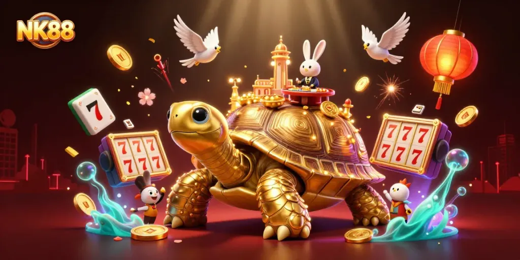 Play exciting games at NK88 with a golden tortoise casino scene featuring a rabbit dealer and dynamic game elements.