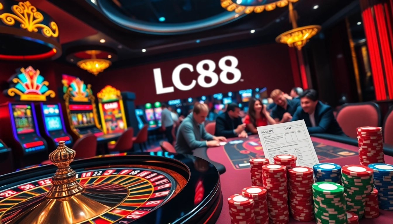 A vibrant casino scene showcasing LC88.COM with roulette and poker elements, emphasizing excitement and luxury in gambling.