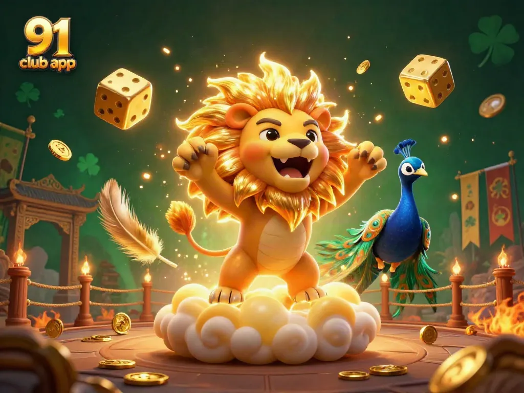 Engage with the exciting 91 club app featuring vibrant graphics of gaming elements and characters.