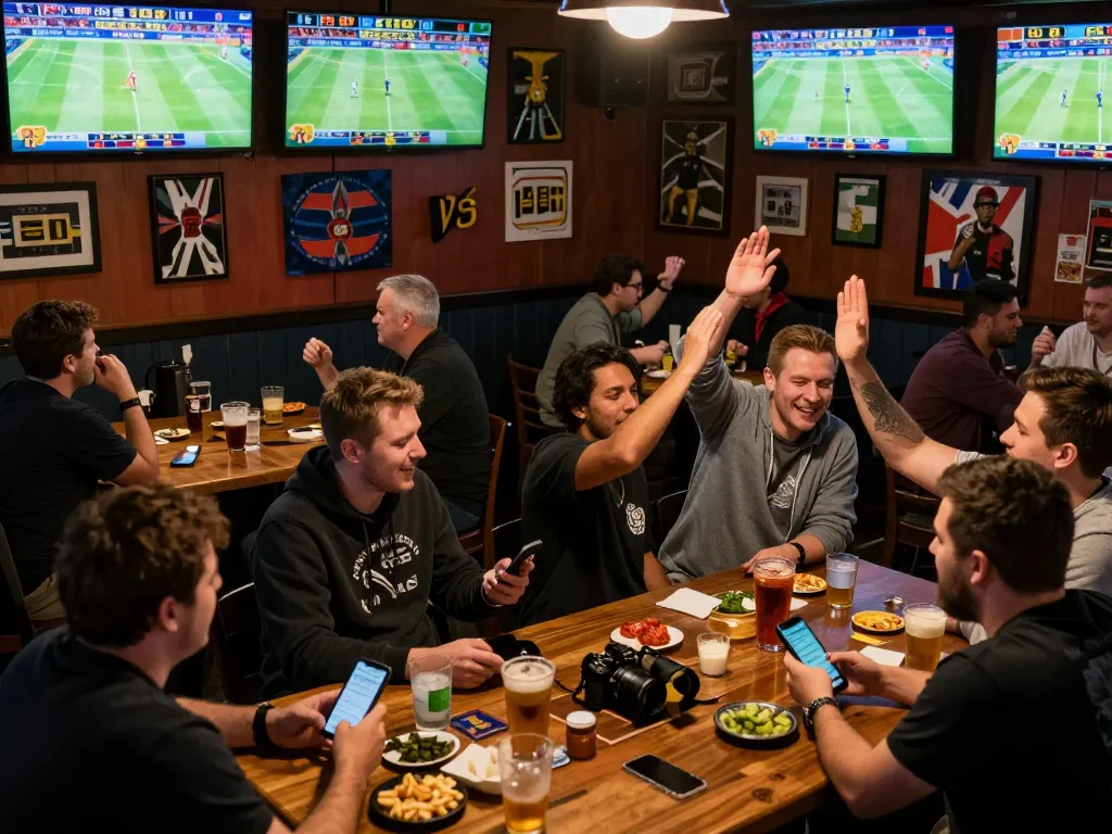 Sports betting excitement at a lively bar with fans using the bongdalu app to place bets.