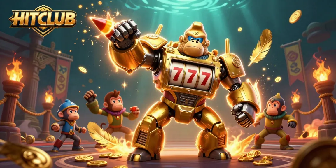 Experience the HITCLUB action with a dynamic golden gorilla mech amidst swirling casino elements.