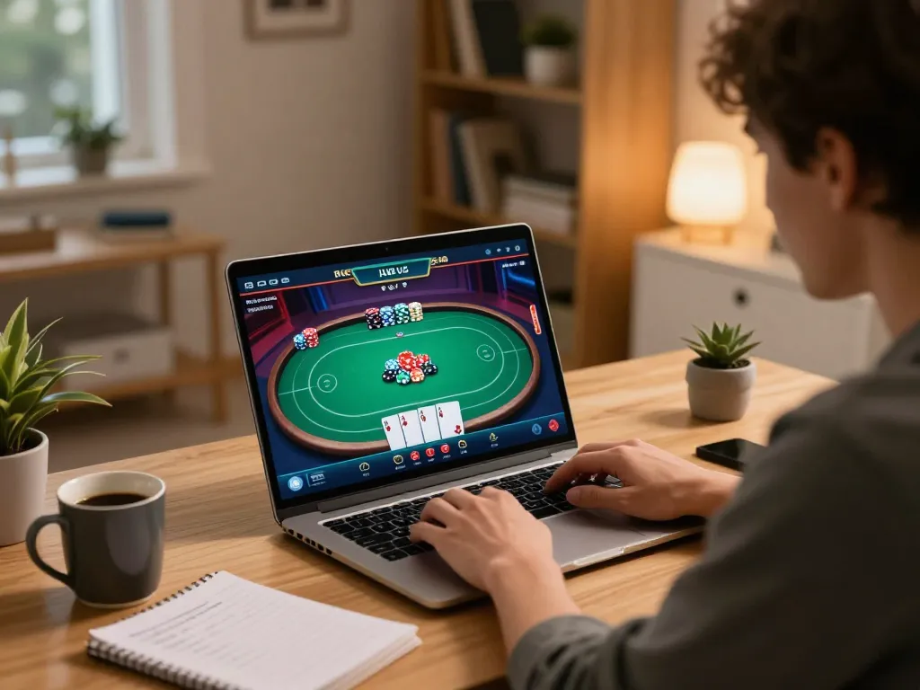 Engaged player at home using https://go8.agency/ for live poker with strategy notes nearby
