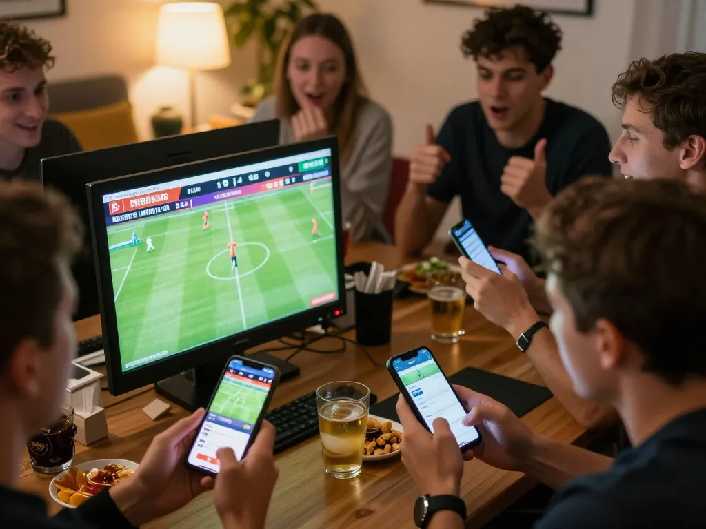 Engaging live sports betting scene focused on trực tiếp bóng đá bundesliga with friends discussing strategies and checking scores on smartphones in a lively home setting