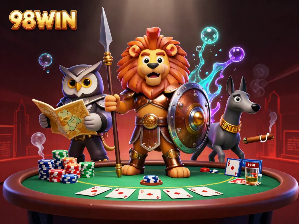 Experience the thrill of poker with 98WIN, featuring vibrant characters in an exciting casino scene.