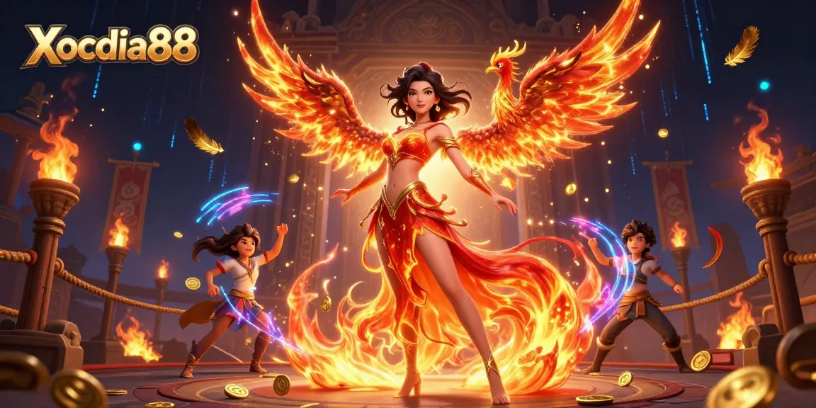 Xocdia88 attracts players with vibrant casino energy depicted in a stunning 3D illustration of a fiery warrior and phoenix.