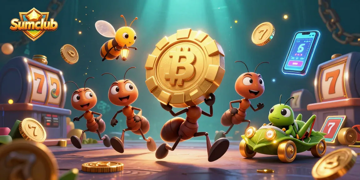 Sumclub's vibrant gaming heist scene featuring ants with poker chips amidst casino elements, engaging gamblers.