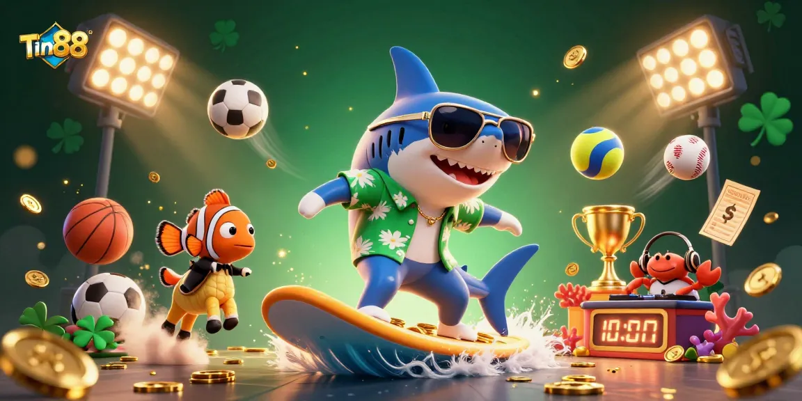 Tin88 showcases vibrant underwater casino adventure with a shark, clownfish, and crab DJ amidst sports-themed elements.
