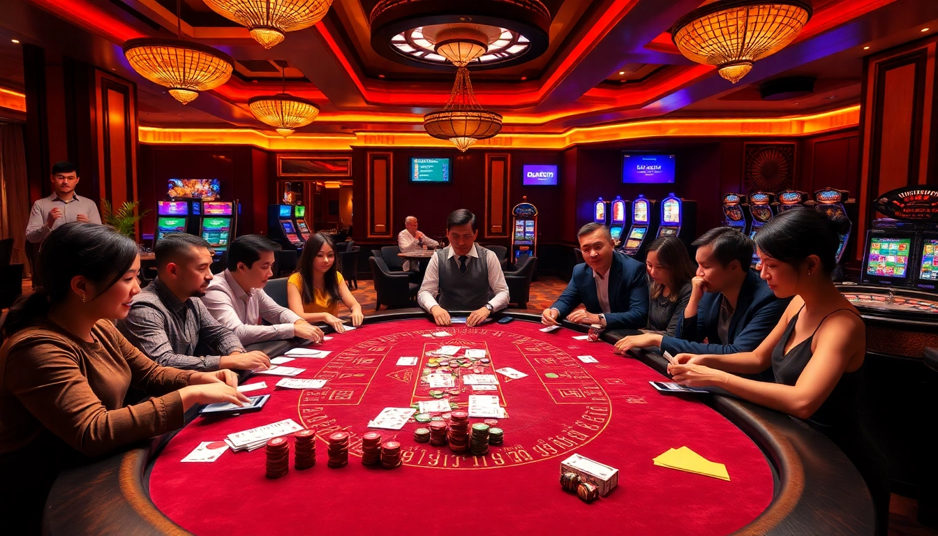 Experience the excitement of casino gaming at Trang chủ okwin with a vibrant poker table and roulette wheel.