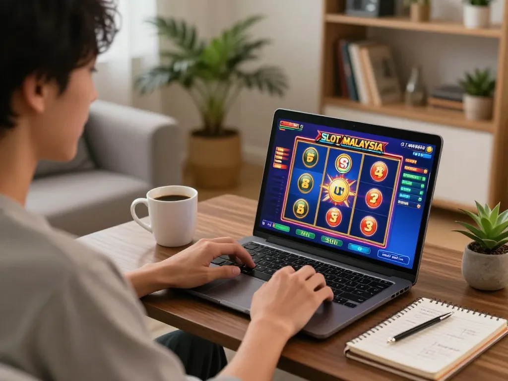 Engaging in Slot Malaysia games on a laptop in a cozy home setting, showcasing responsible gambling.