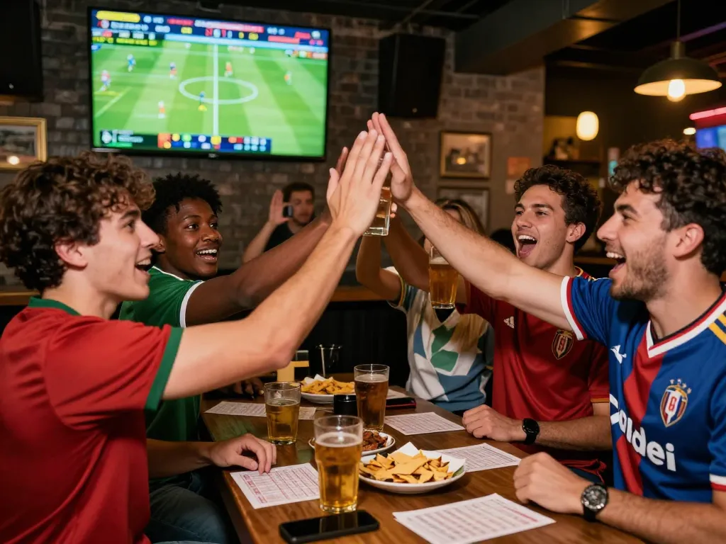 Group of friends celebrating kèo nhà cái during live football match in a cozy bar.