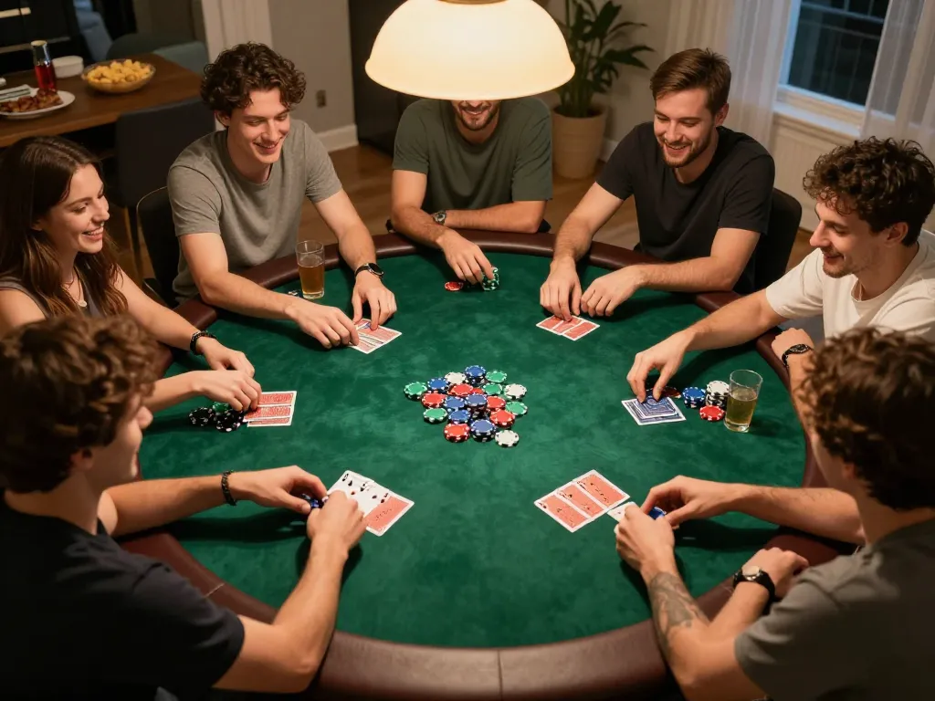 Friends enjoying a lively poker game at home with vibrant chips and cards, focusing on strategic gameplay and social interaction featuring Zowin.