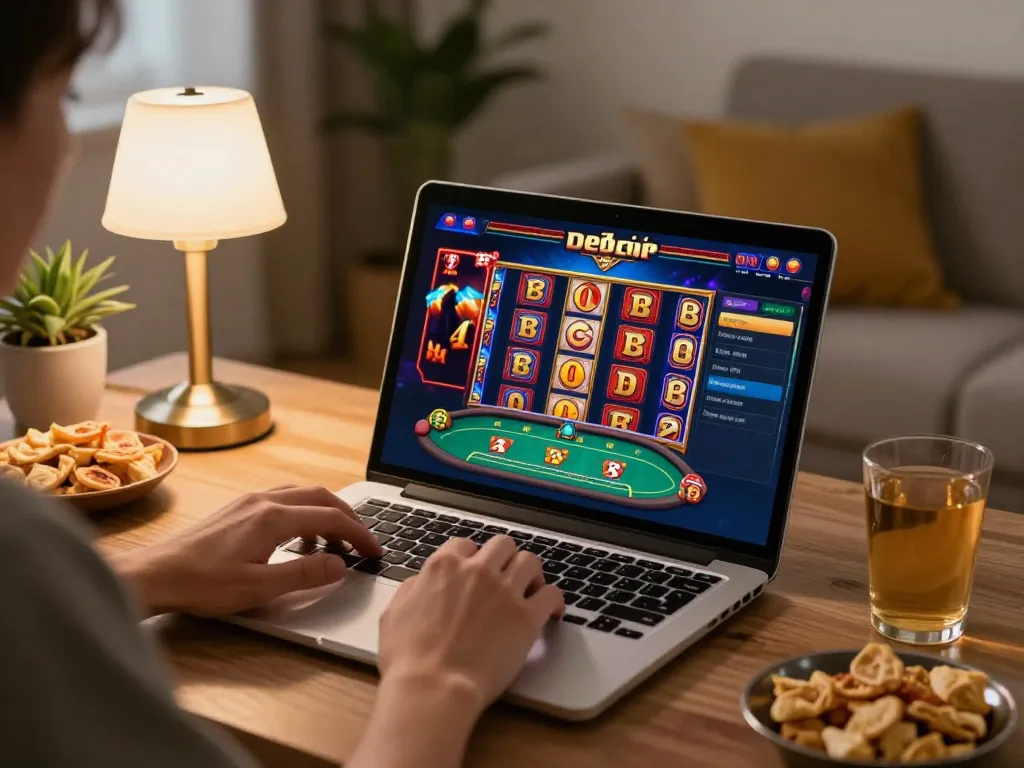 Engaged player exploring debet casino site, cozy home setup with snacks and warm ambiance.