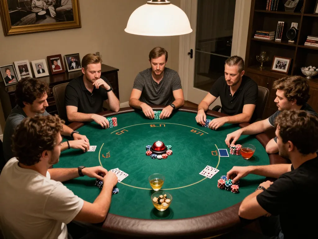 Players enjoying a high-stakes GK88 game during a cozy home poker night with colorful chips and drinks.
