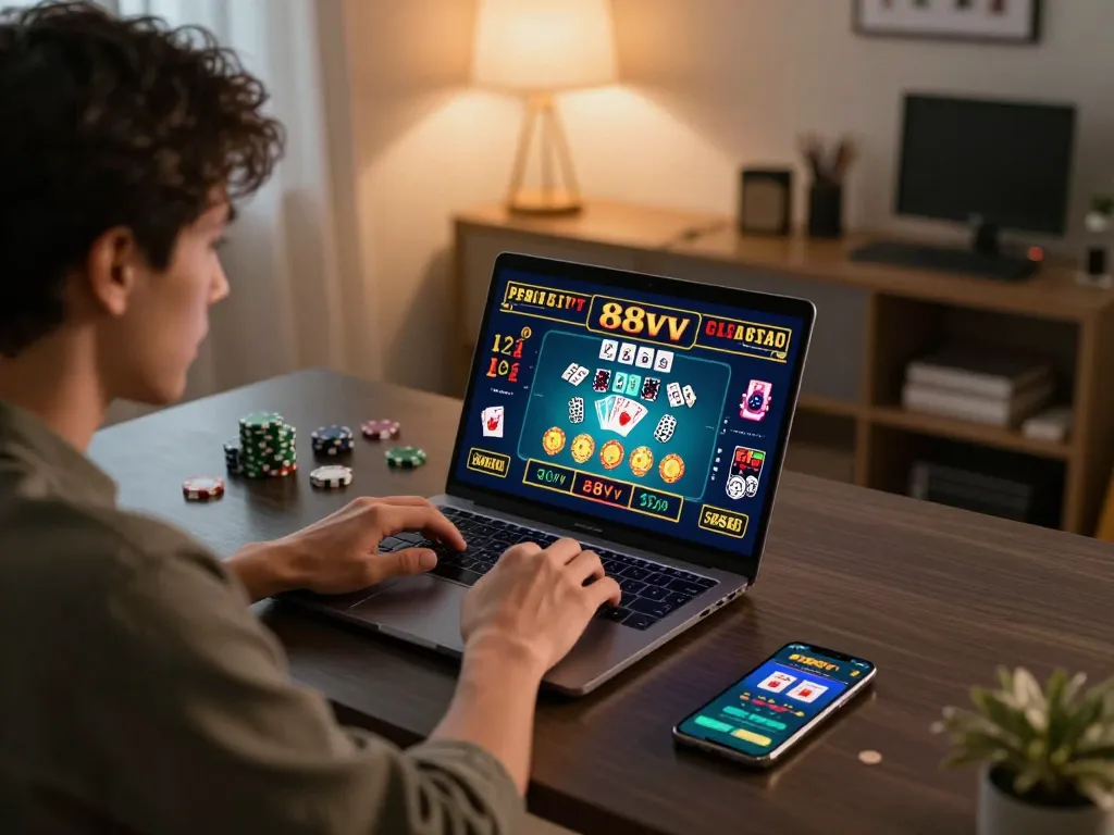 Gambler placing bets on 88vv platform live dealer game with excitement in cozy home office