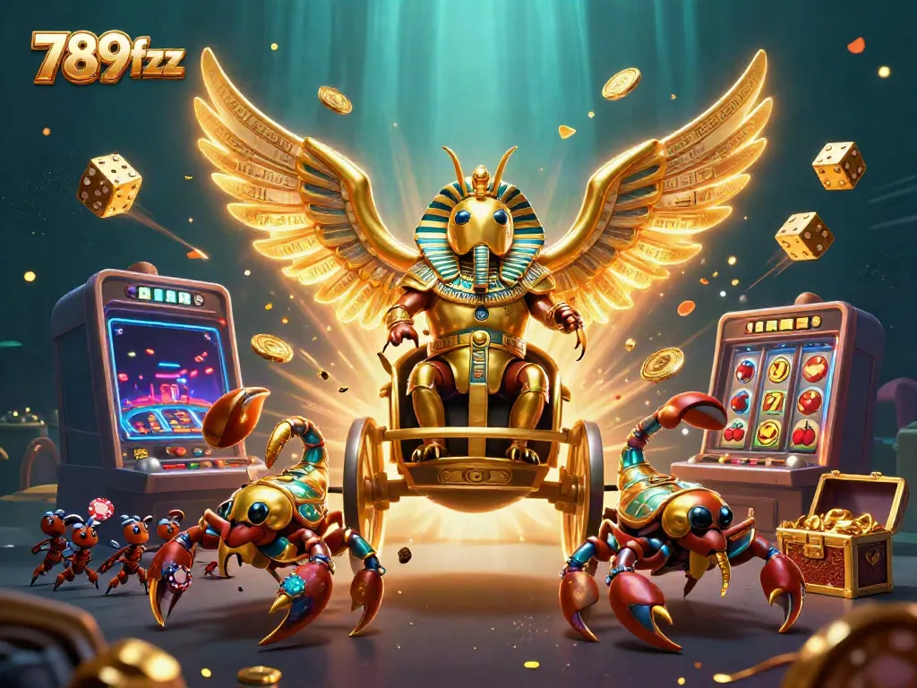 Experience the excitement at 789fzx with this vibrant casino-themed illustration featuring a golden scarab and dynamic slot elements.