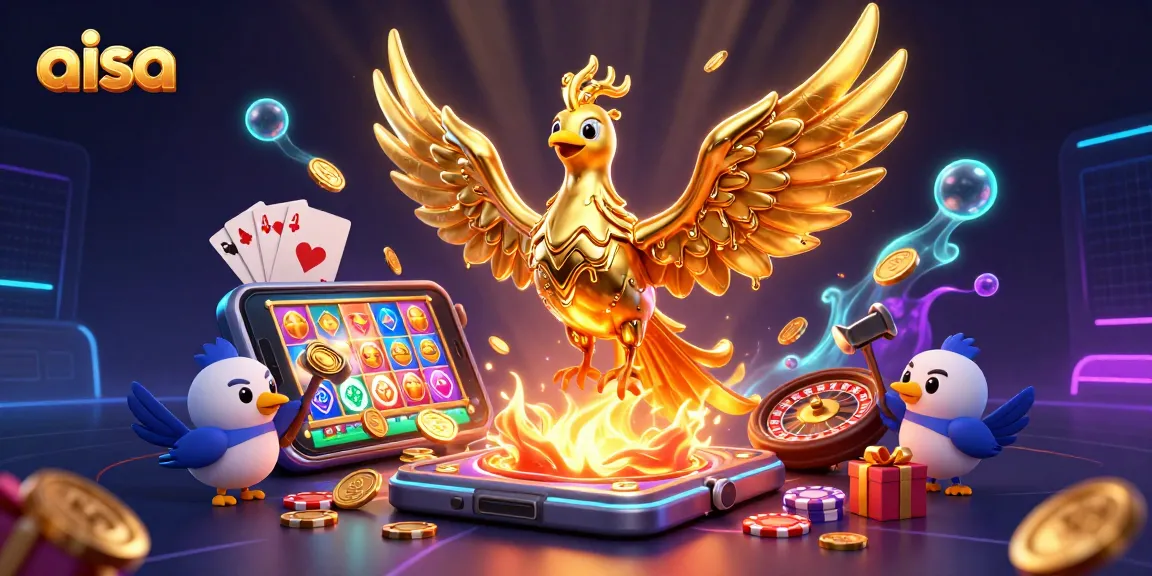 Experience thrilling wins at aisa with a dynamic phoenix emerging from molten gold in a casino scene.