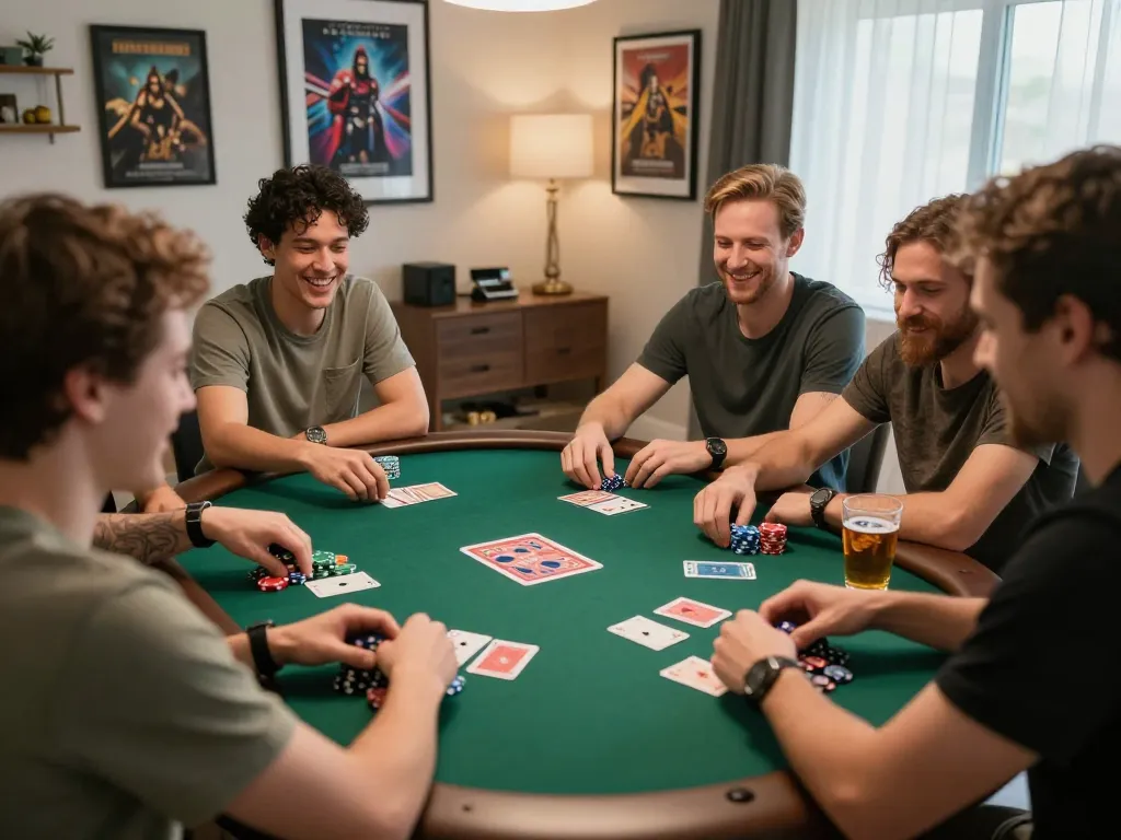 HB88 players enjoying an exciting poker game session at home with friends around a table