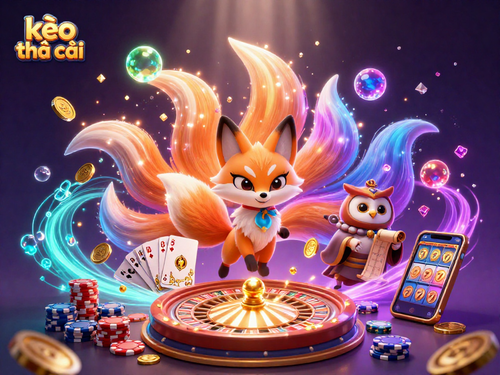 Engage with the vibrant scene showcasing kèo nhà cái, featuring a nine-tailed fox spirit amidst casino elements.