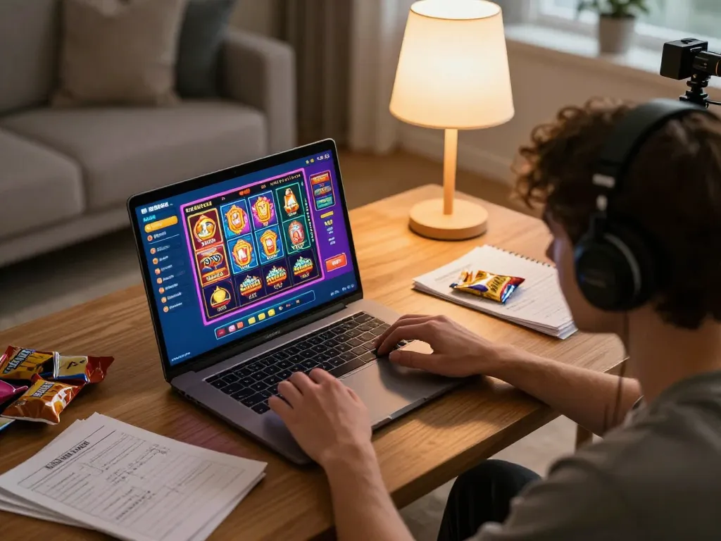 Player engaging with LLWIN online casino gameplay on laptop at home, showcasing vibrant gaming atmosphere.
