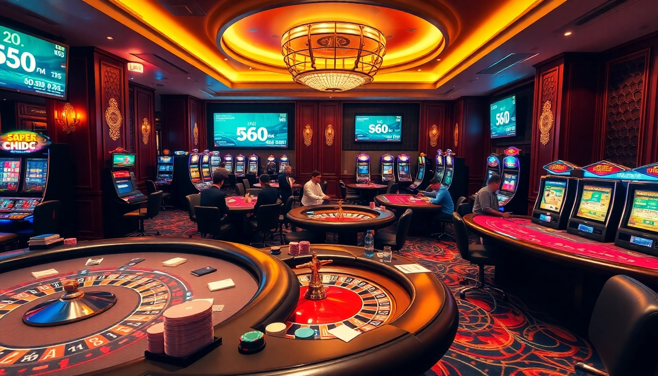 SODO66 casino scene showcasing poker players, roulette wheel, and vibrant slot machines in a luxurious environment.