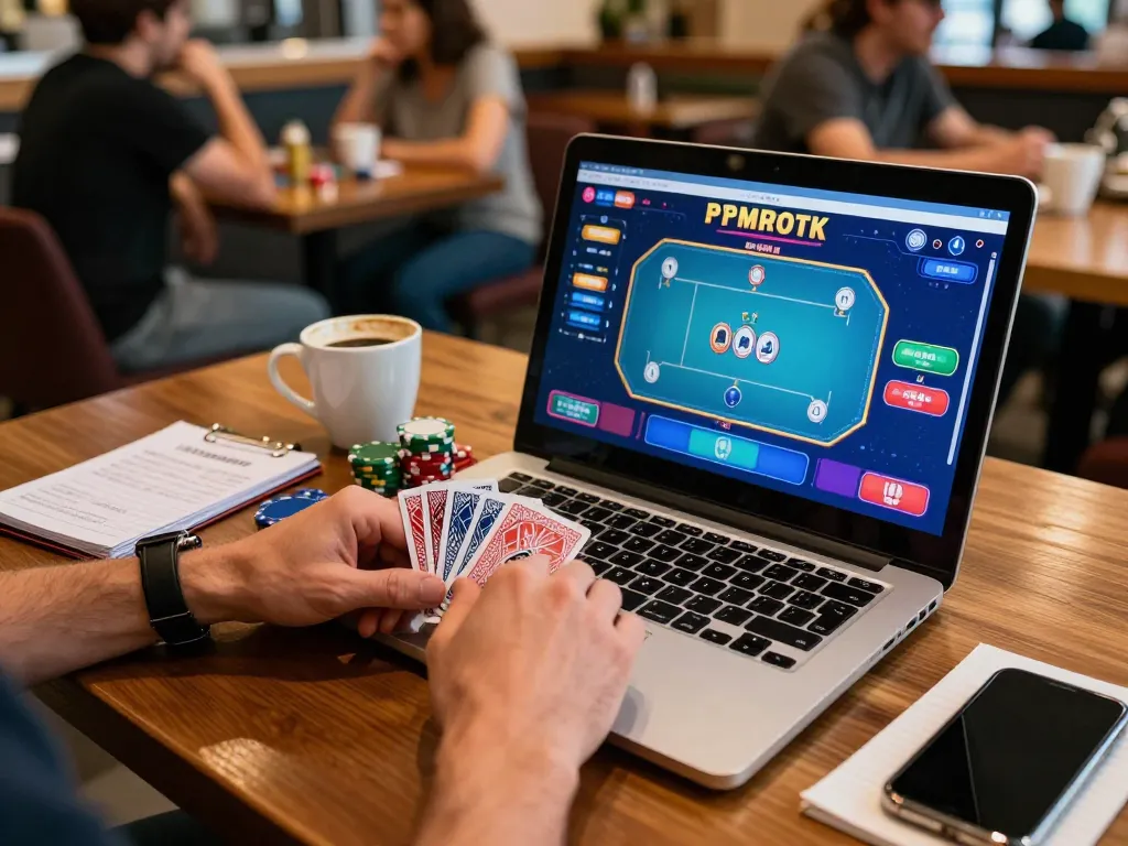 33win online poker game featuring vibrant interface and strategic gameplay in casual coffee shop setting.