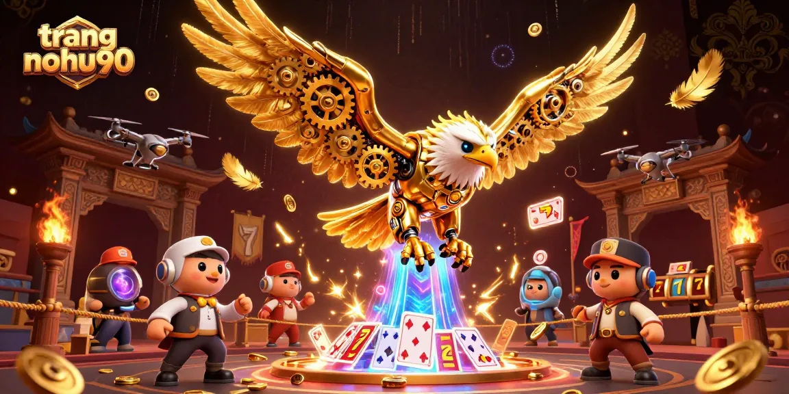 Experience the thrill of winning at trang nohu90 with a dynamic 3D casino scene showcasing a cybernetic golden eagle among holographic playing cards.