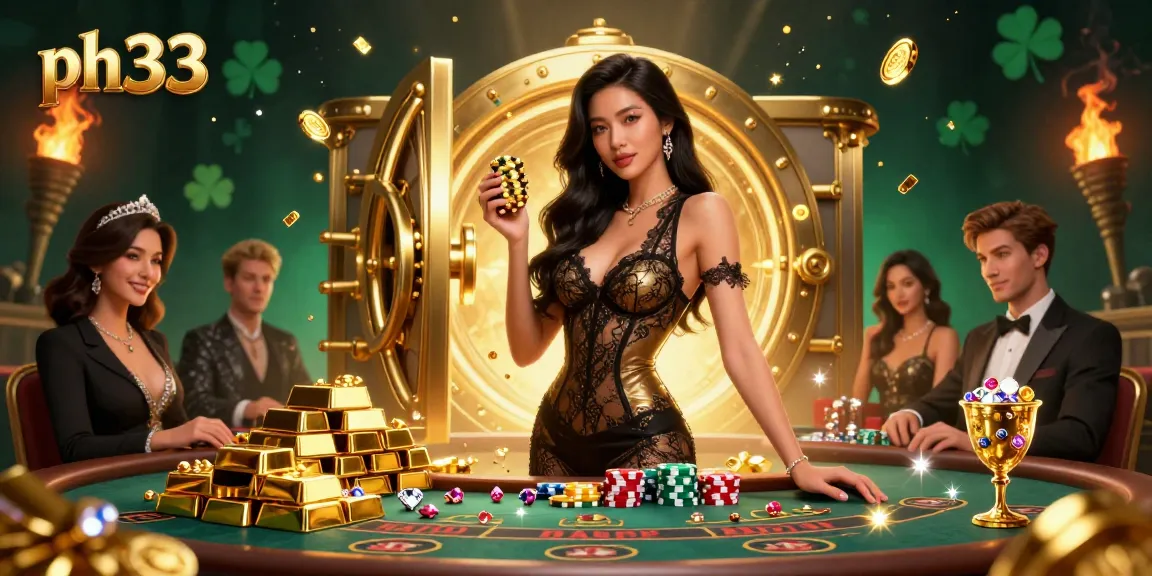 Experience thrilling gameplay at ph33 Casino with a beautiful Asian woman celebrating wins at a VIP baccarat table, surrounded by wealth.
