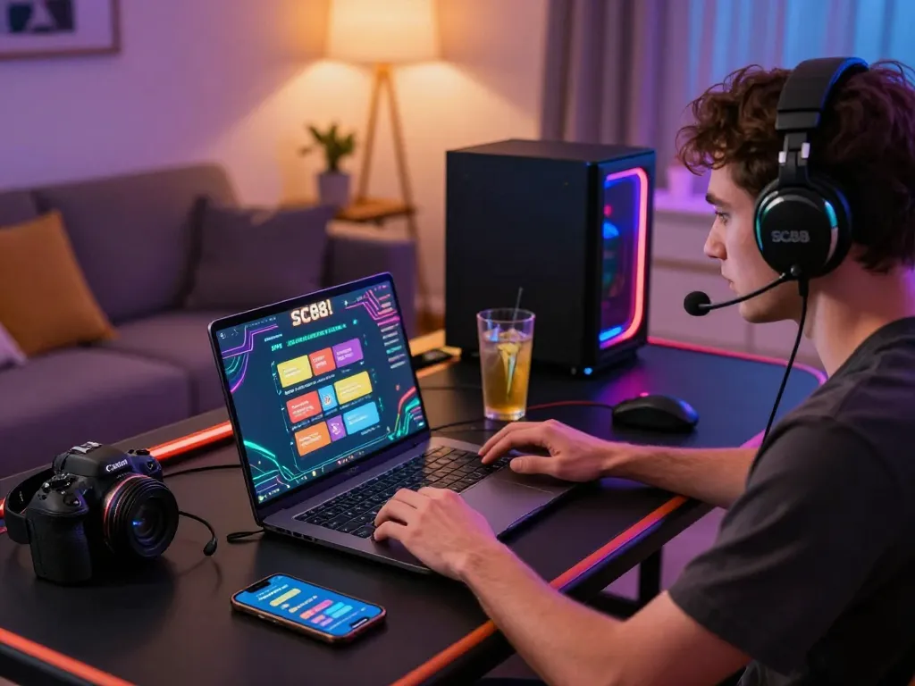 Engaged player at SC88 online gaming setup, enjoying immersive gambling experience on laptop amid vibrant accessories.