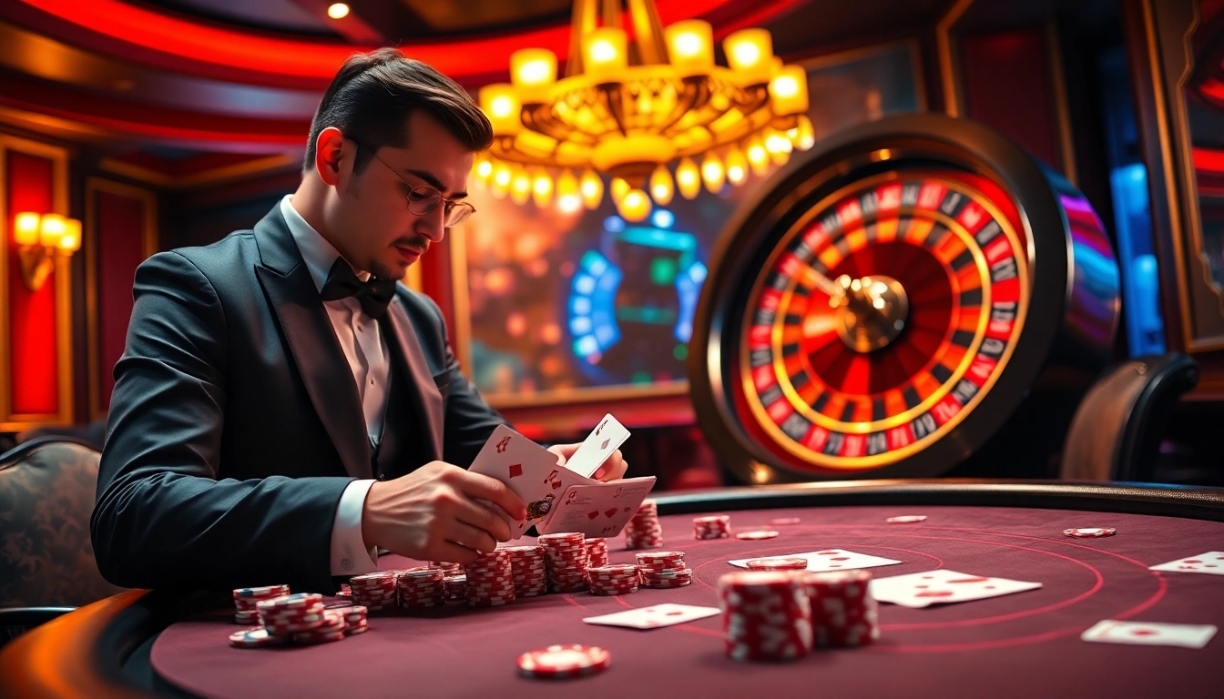 Excitement of a high-stakes poker game with luxurious elements and references to hoat hinh trung quoc.