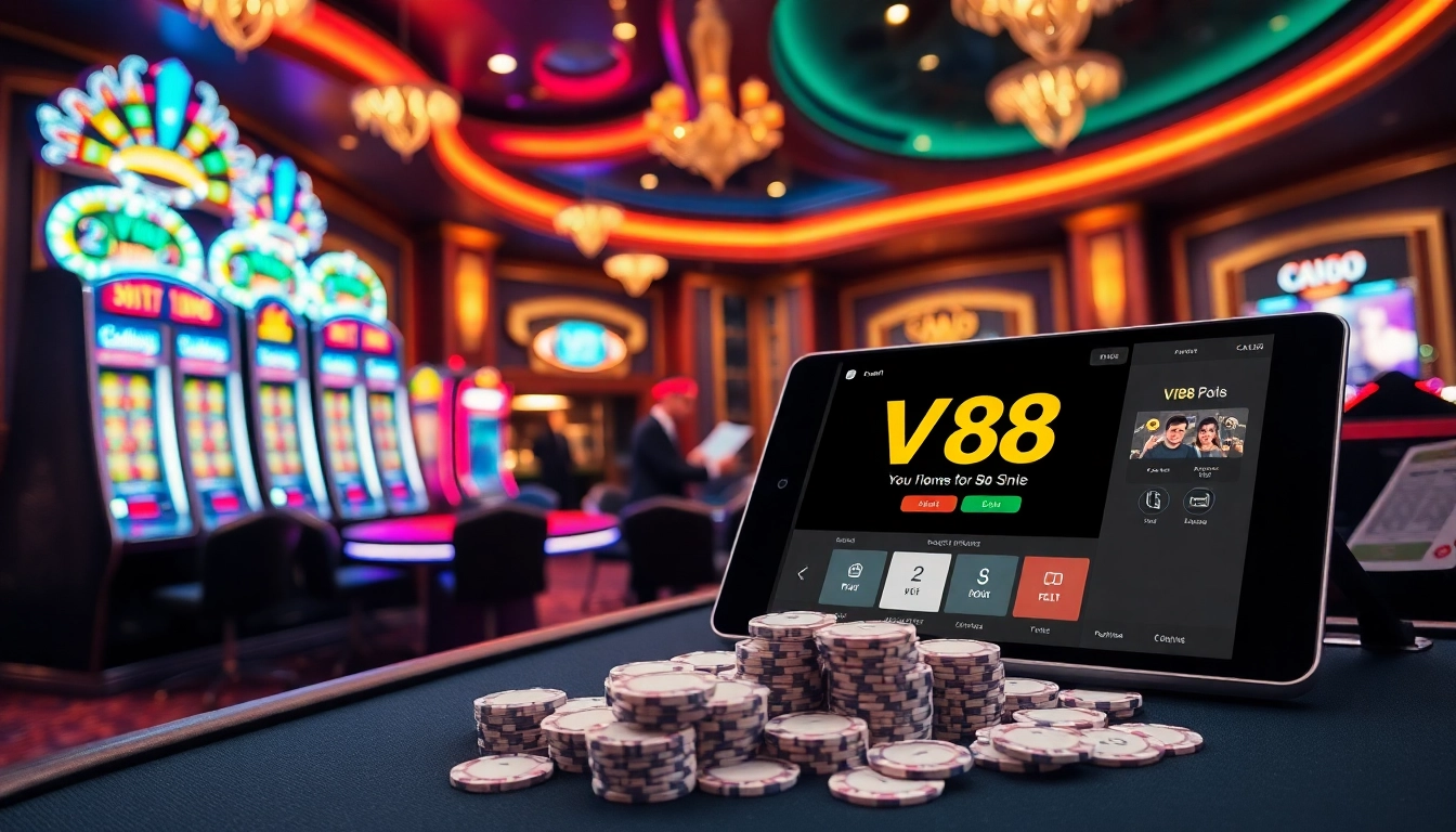 Engage in thrilling gambling at vip88.games with vibrant casino tables, luxurious slot machines, and colorful chips.