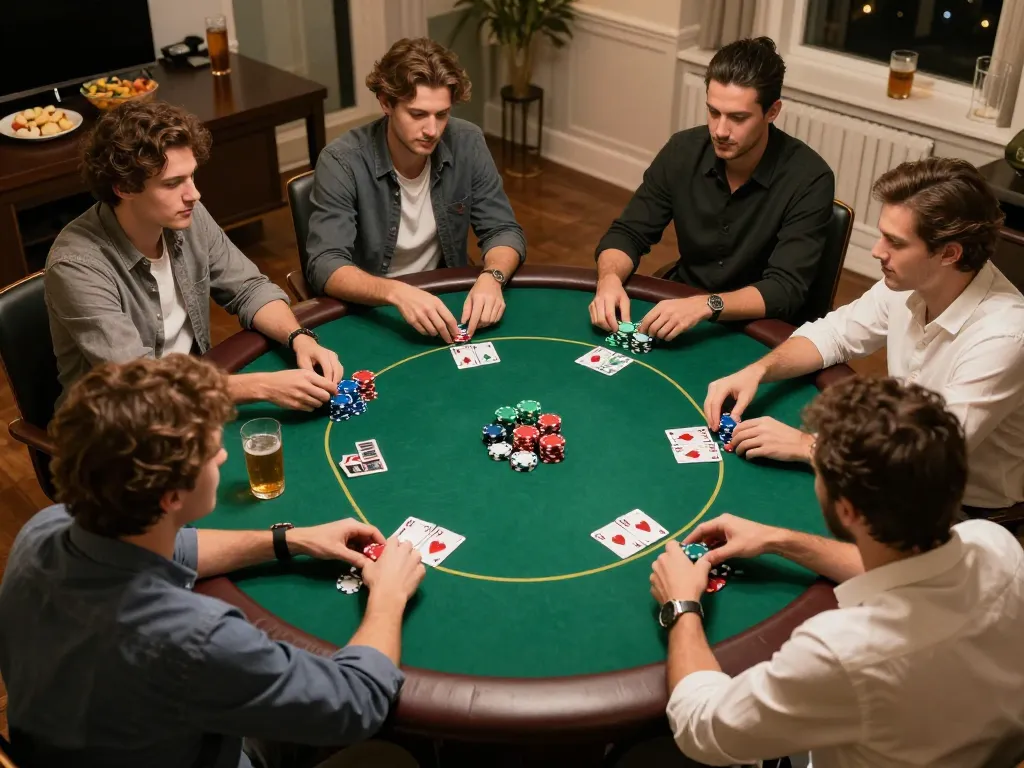 Friends enjoying an engaging Jun88 poker night with vibrant chips and drinks.