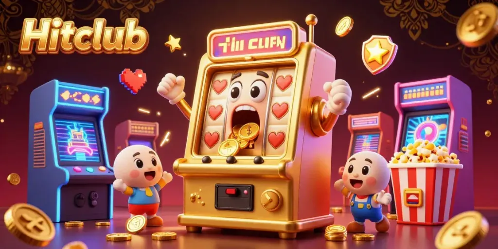 Engage with Hitclub as a golden slot machine hits jackpot, surrounded by cheering machines and colorful gaming elements.