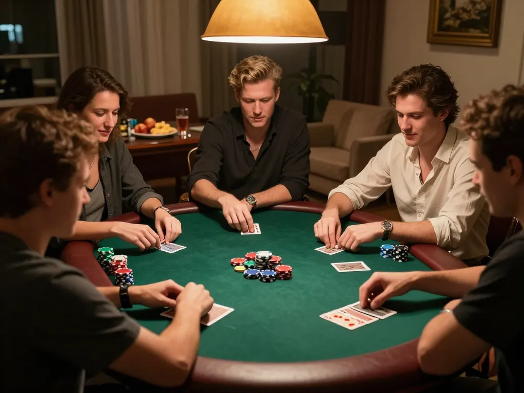 Friends enjoy a lively poker night at home, focusing on strategic gameplay at Vsbet.
