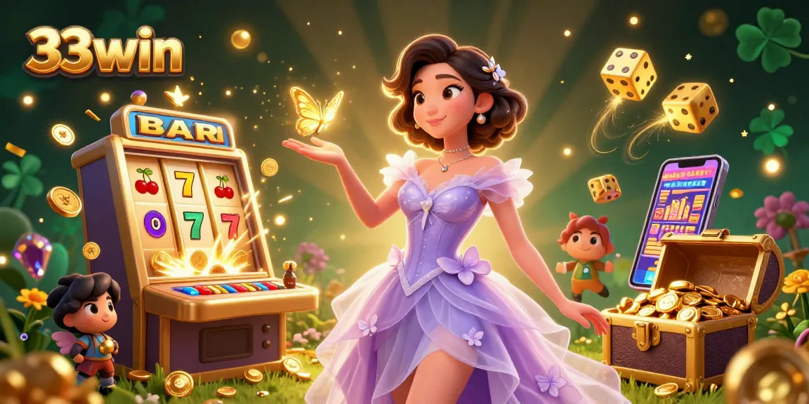 Engage with 33win's vibrant atmosphere featuring thrilling slots, golden coins, and magical characters.