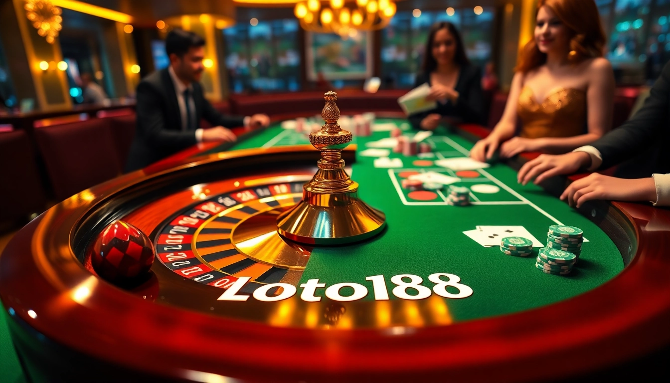 Loto188 players enjoying a thrilling game at a luxurious online casino table, emphasizing excitement and community.