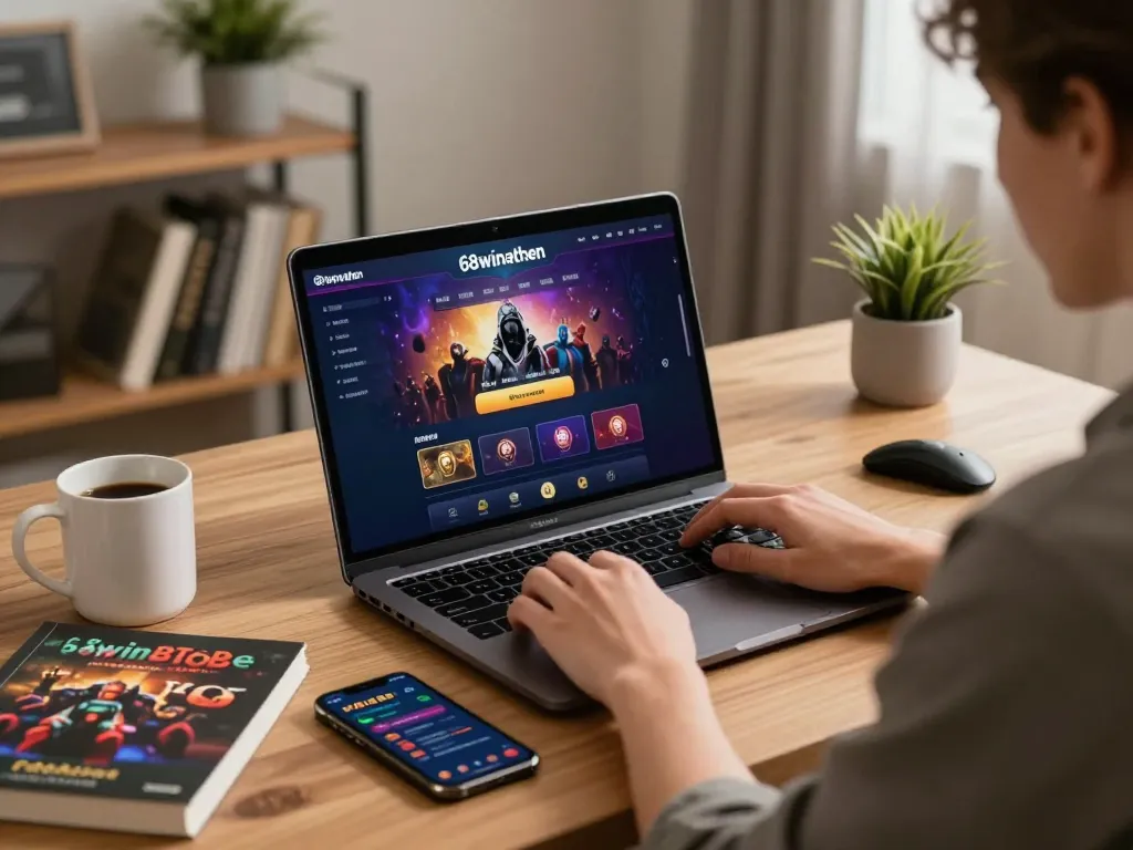 Player engaging with 68winathen online casino game on laptop at stylish home desk.