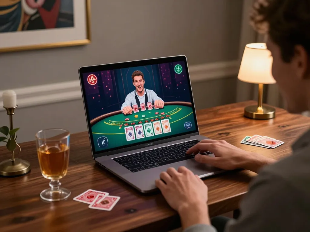 Engaging in blackjack gameplay with ok365vvip online casino on a laptop screen