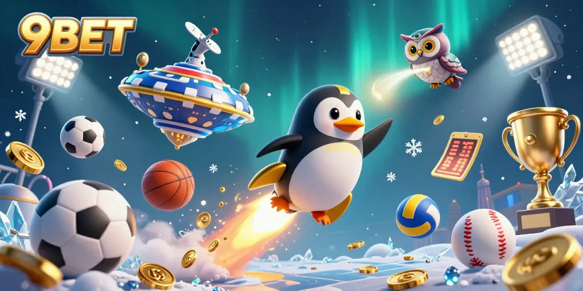 Experience the thrill of betting with 9BET as a golden penguin rockets towards a casino in 3D fantasy.