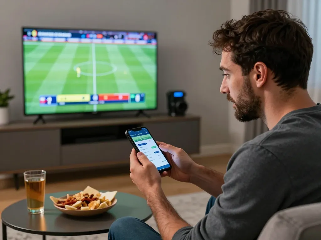 Betting with Ok9 app during a thrilling football match in a modern living room
