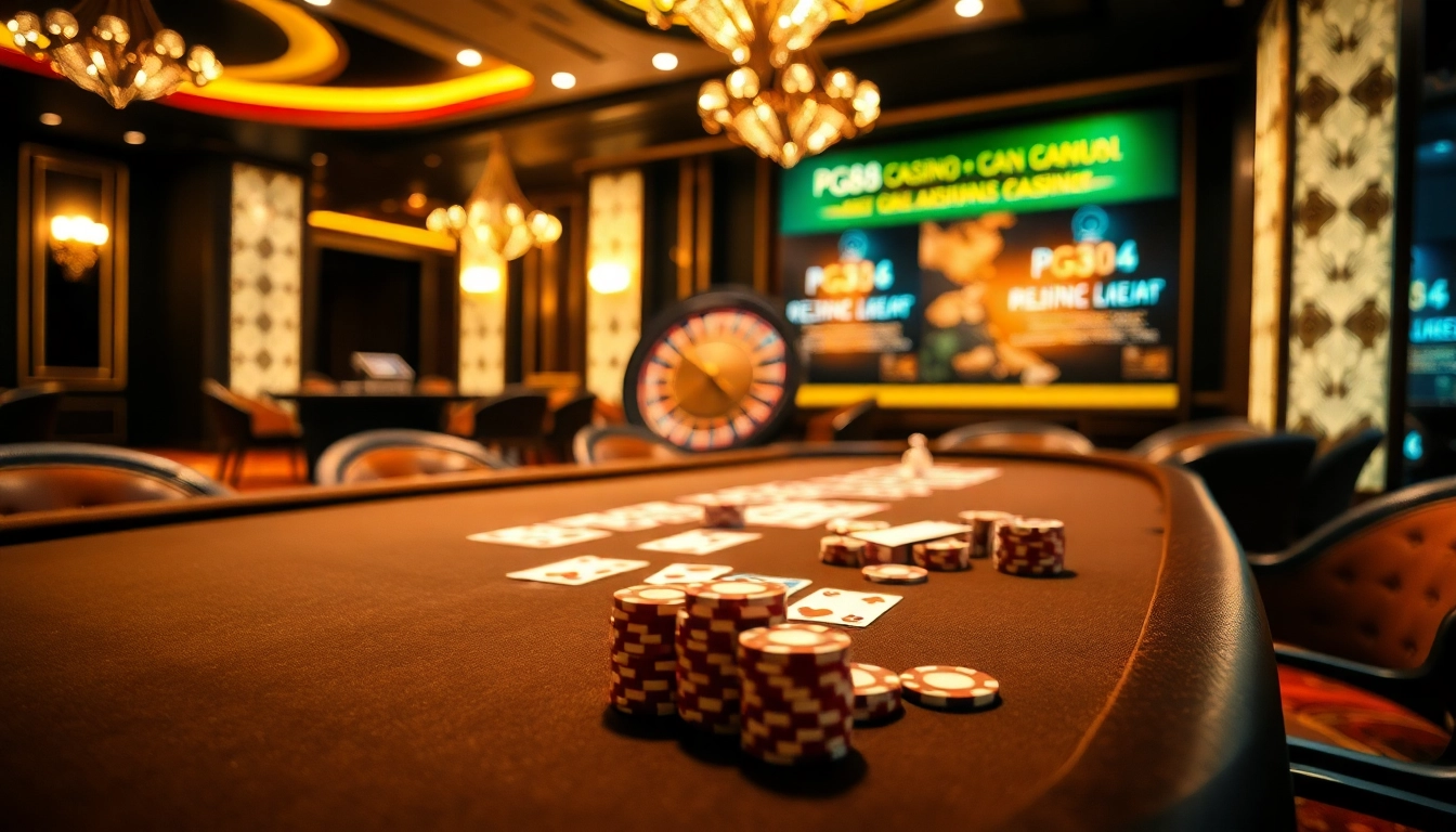 Exciting gameplay at pg88 in a luxurious casino setting with poker and roulette tables.