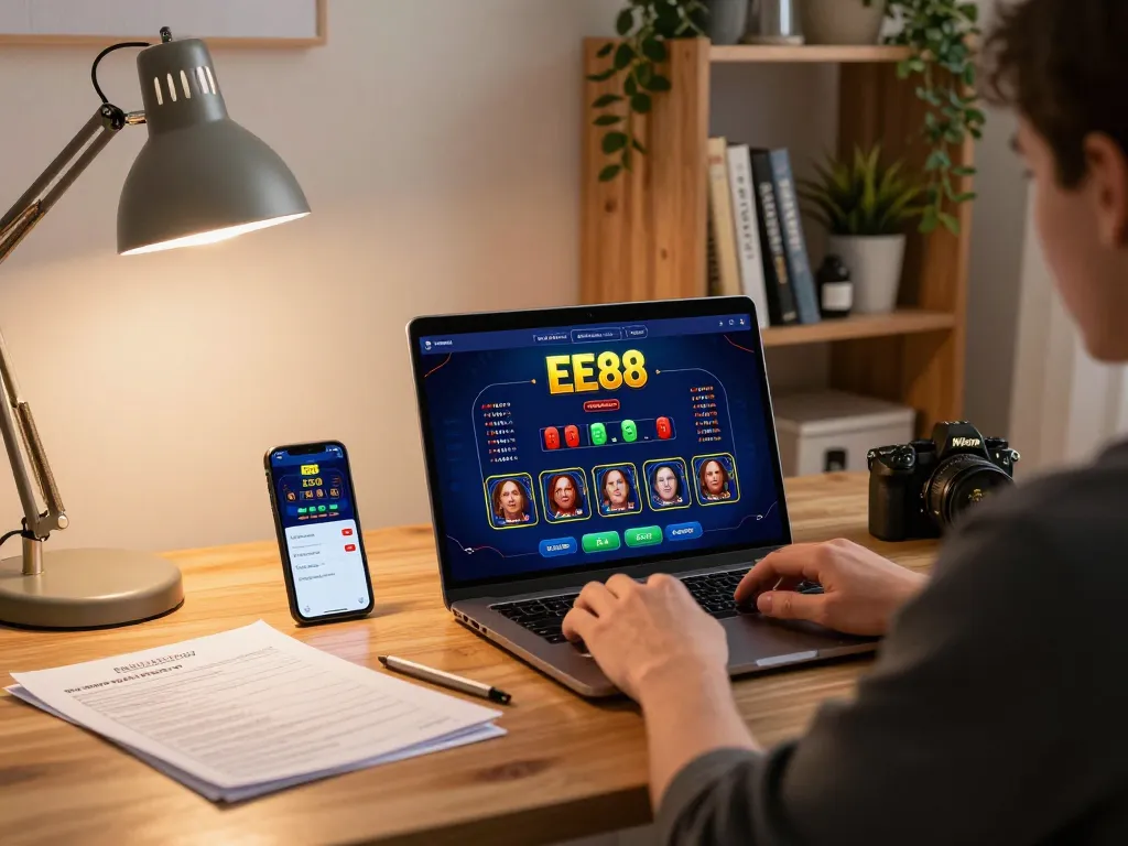 EE88 gaming session with player engaging on laptop for online casino betting strategies.