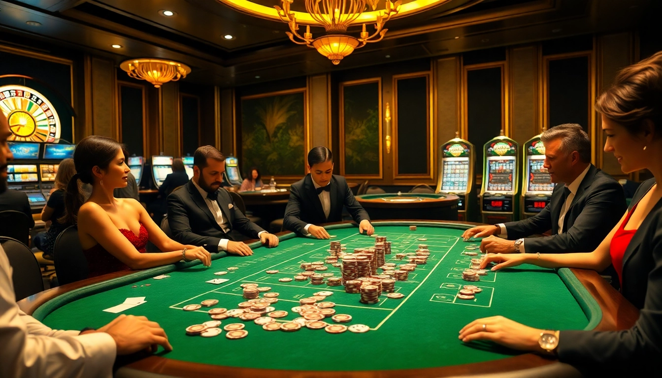 Players strategizing their next move at a TR88-themed poker table in a vibrant casino.