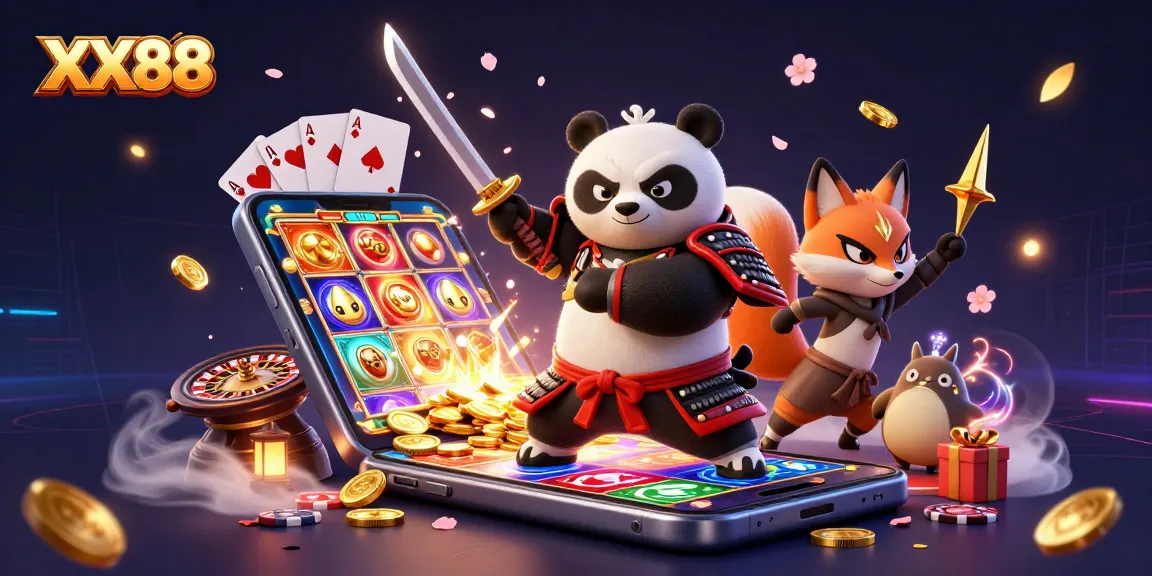 Experience thrilling gameplay at XX88 with dynamic characters and vibrant casino elements surrounding them.