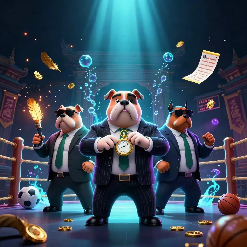 Mafia bulldog and Doberman bodyguards amid gold, temple gates, and casino light.